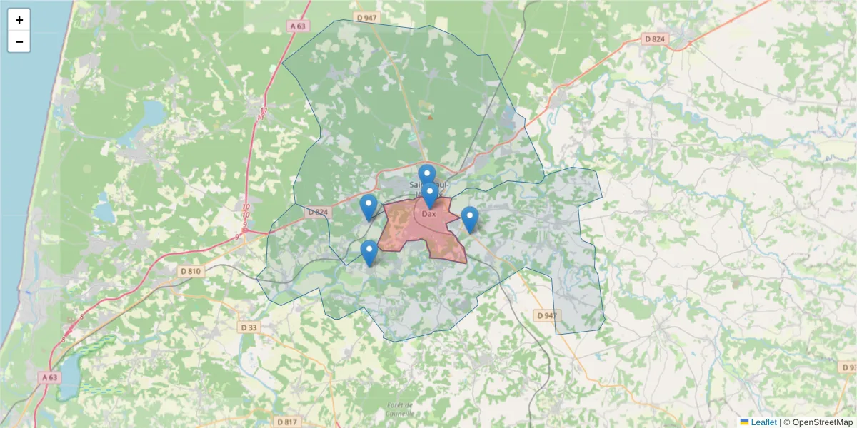 Carte de la zone du code postal  et des codes postaux voisins en France