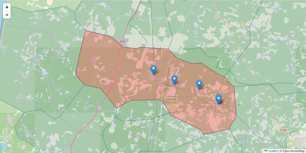 Carte de la zone du code postal  et des codes postaux voisins en France