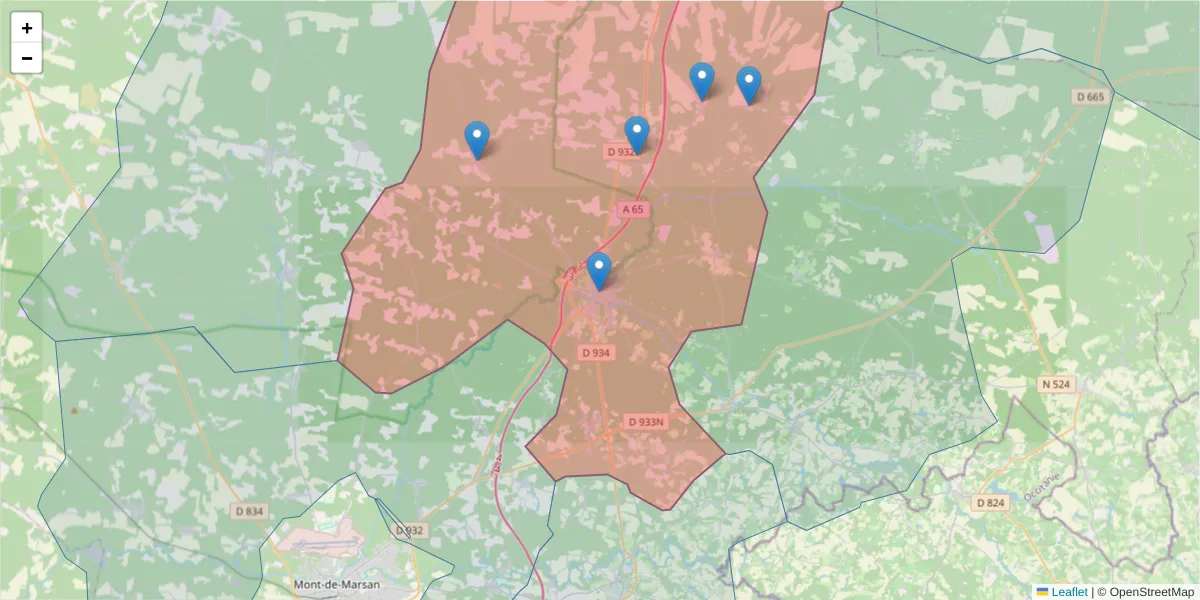 Carte de la zone du code postal  et des codes postaux voisins en France