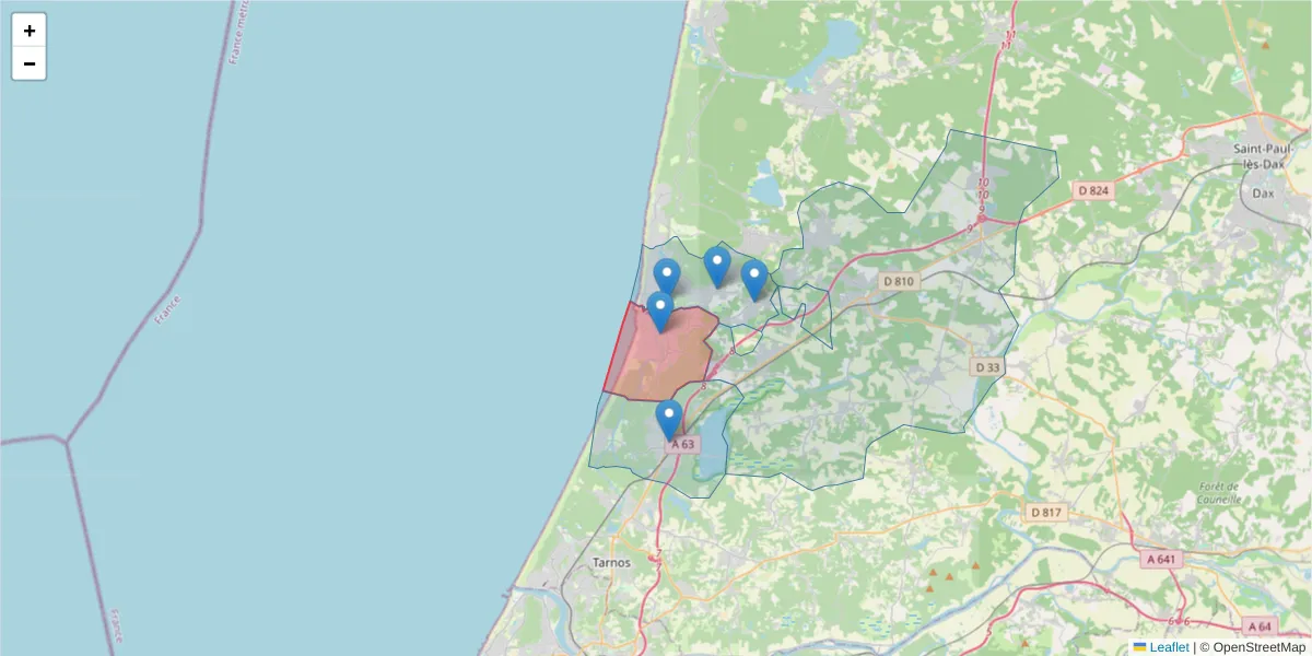 Carte de la zone du code postal  et des codes postaux voisins en France