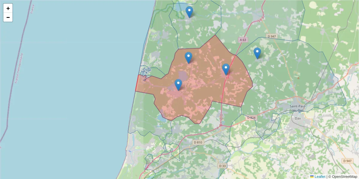 Carte de la zone du code postal  et des codes postaux voisins en France