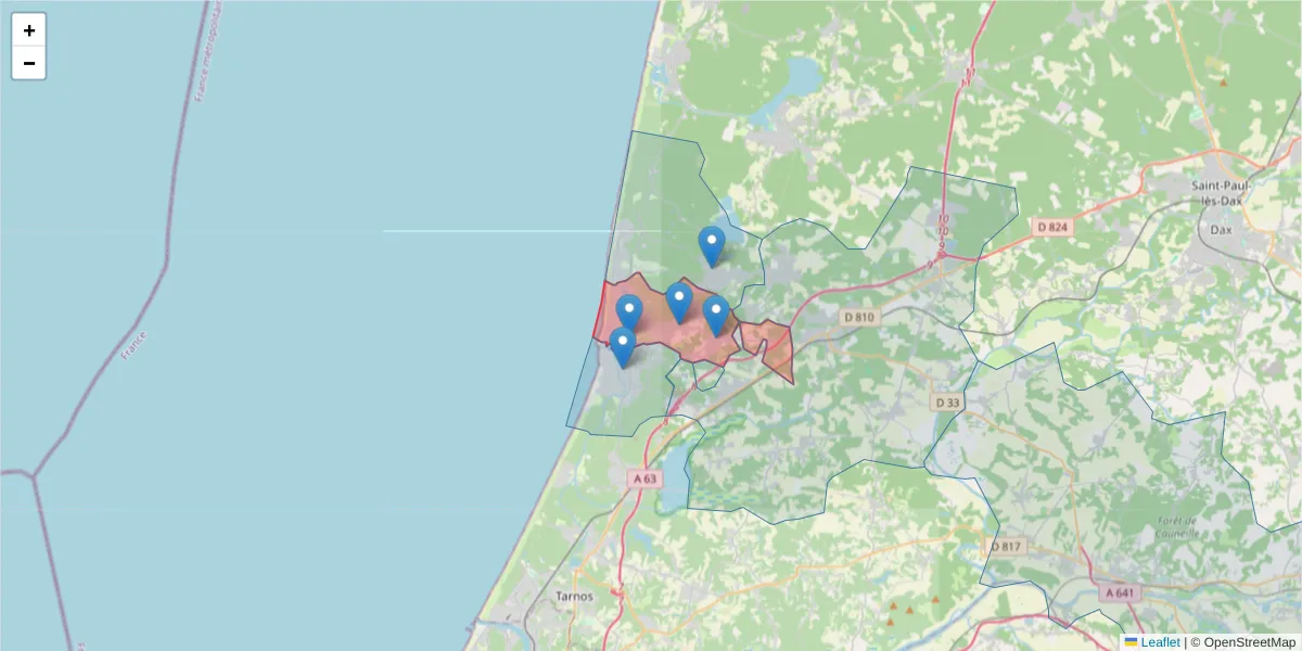 Carte de la zone du code postal  et des codes postaux voisins en France