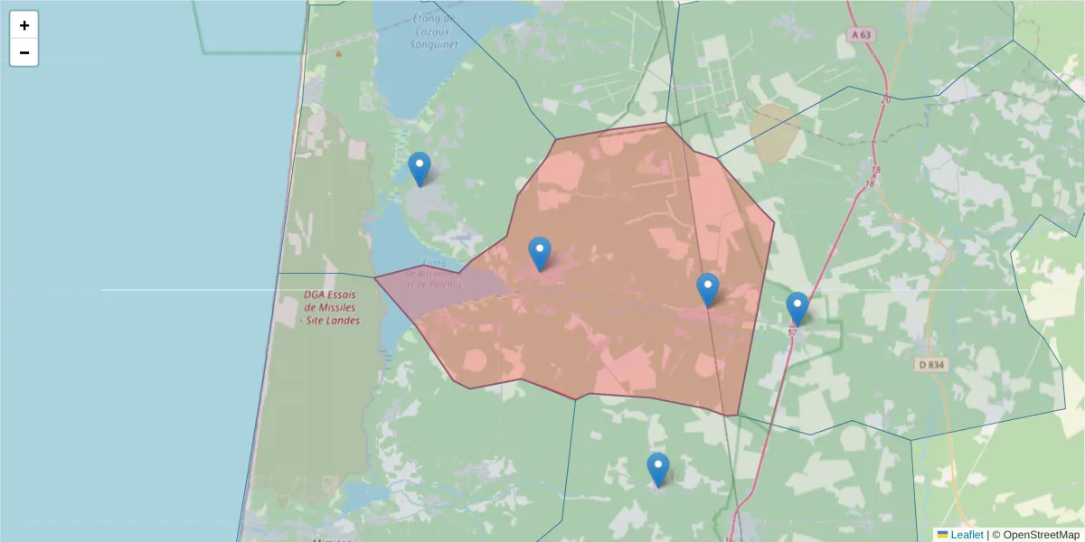 Carte de la zone du code postal  et des codes postaux voisins en France