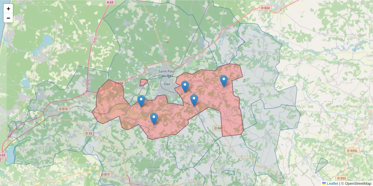 Carte de la zone du code postal  et des codes postaux voisins en France