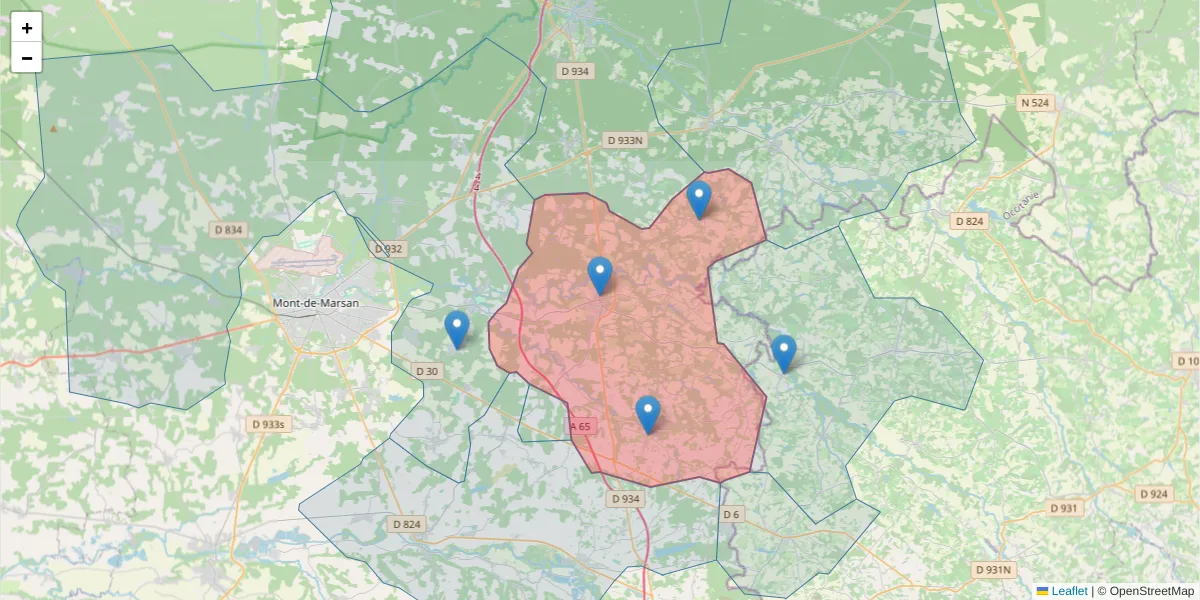 Carte de la zone du code postal  et des codes postaux voisins en France