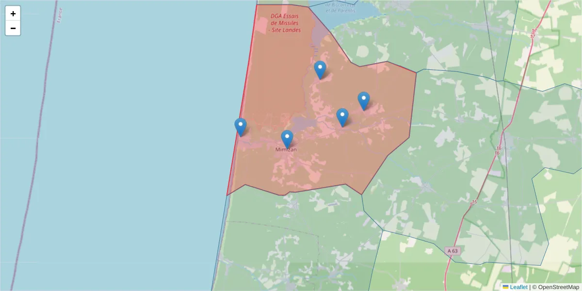Carte de la zone du code postal  et des codes postaux voisins en France