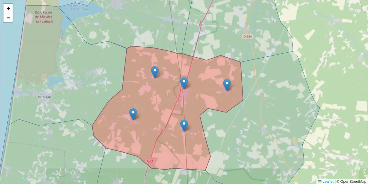 Carte de la zone du code postal  et des codes postaux voisins en France