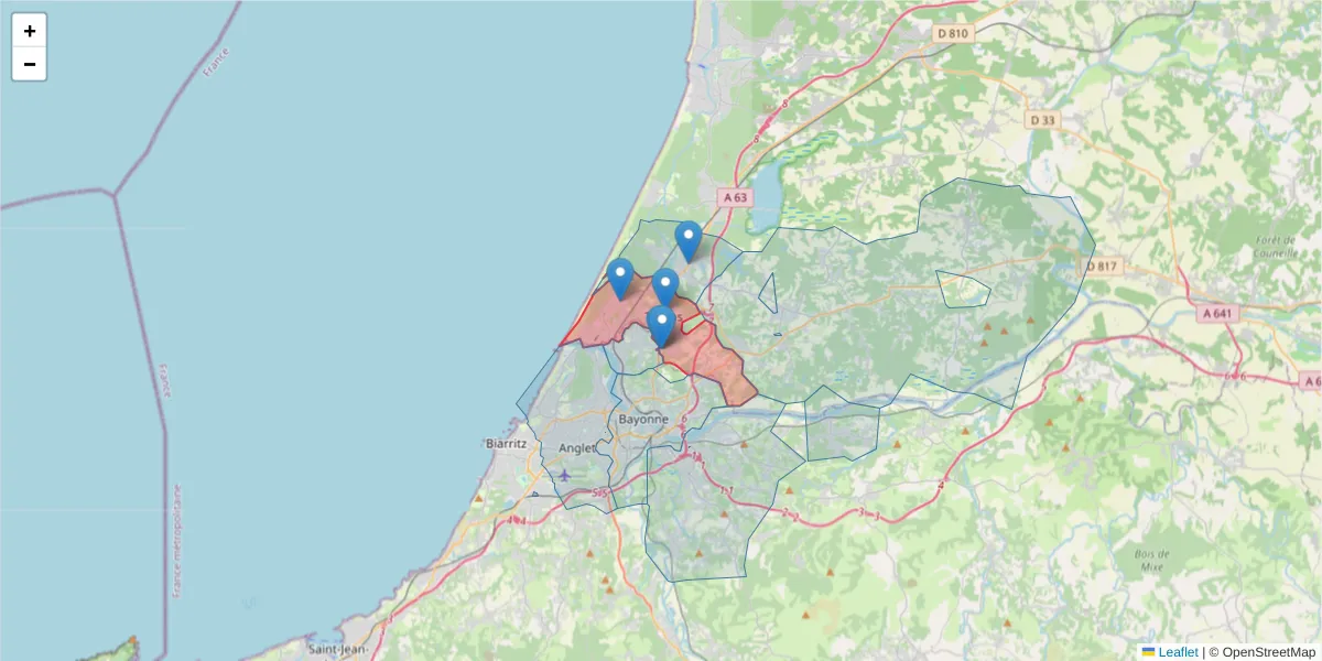 Carte de la zone du code postal  et des codes postaux voisins en France
