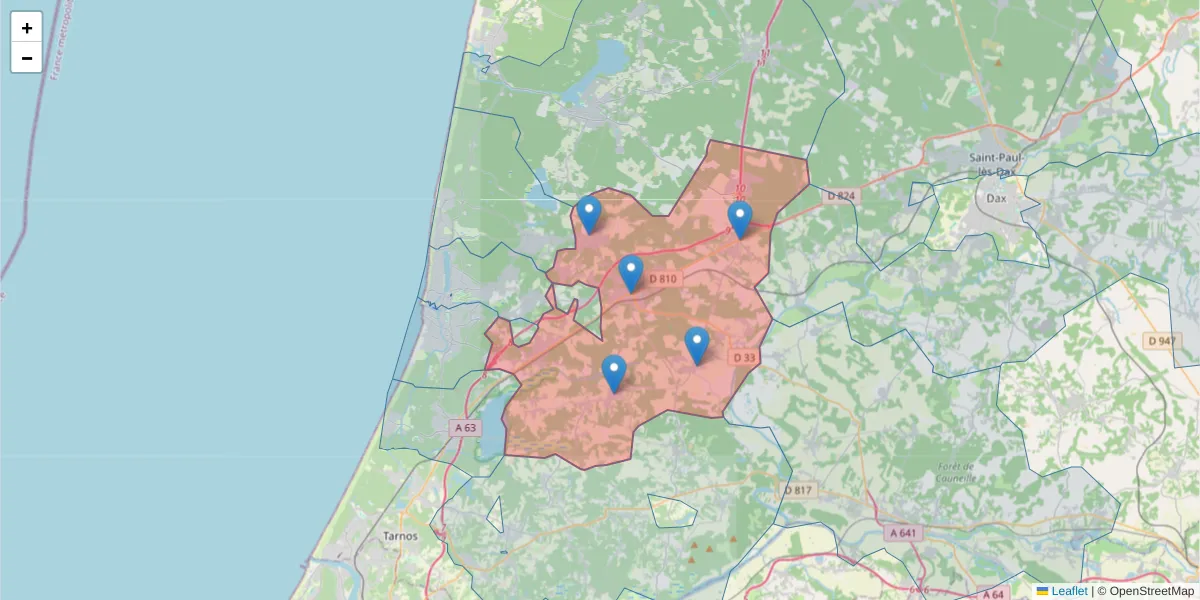 Carte de la zone du code postal  et des codes postaux voisins en France