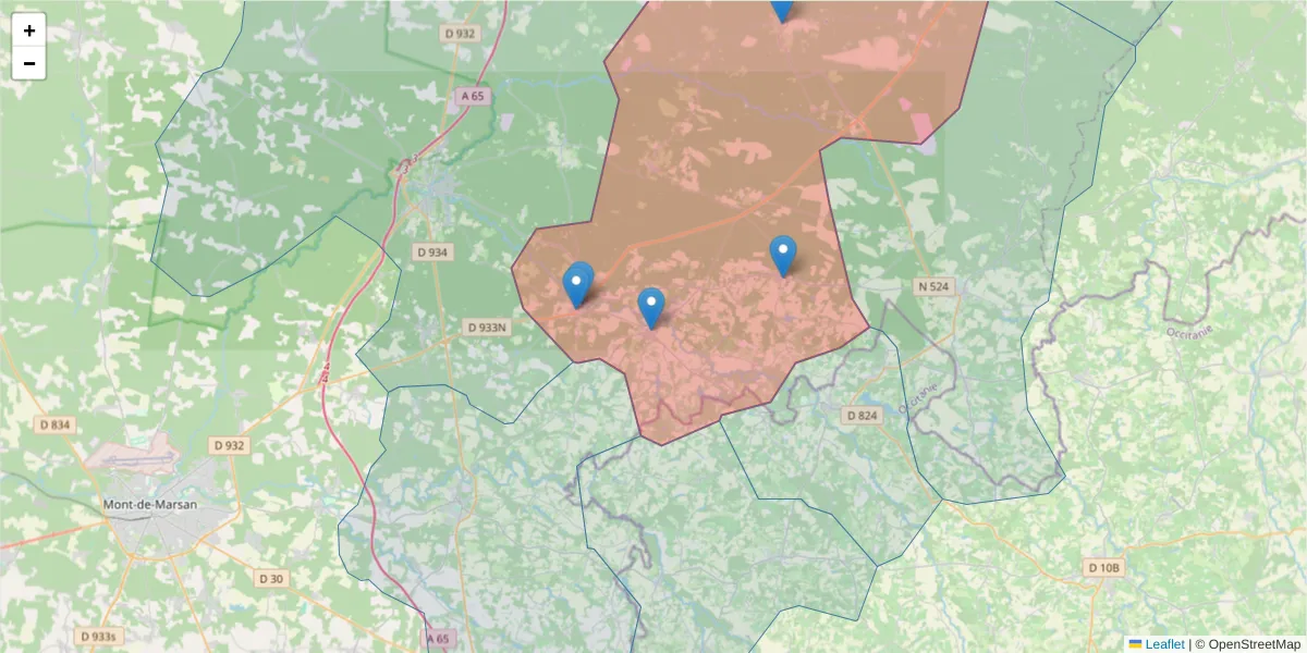 Carte de la zone du code postal  et des codes postaux voisins en France