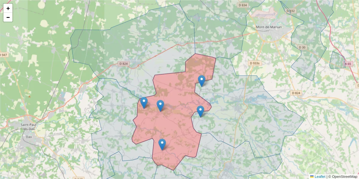 Carte de la zone du code postal  et des codes postaux voisins en France