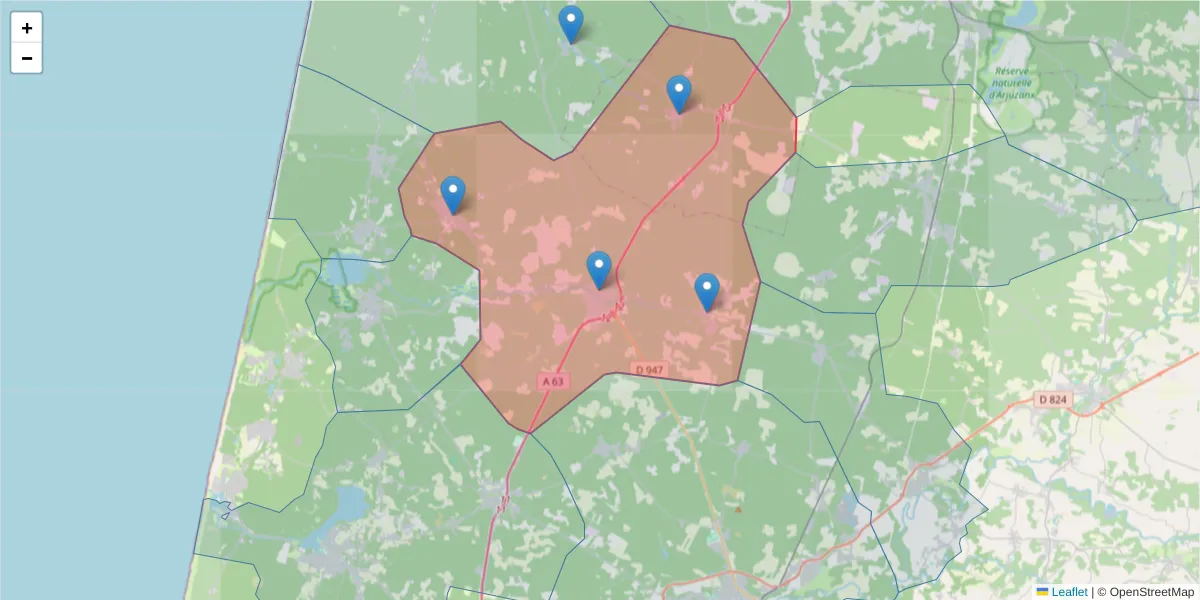 Carte de la zone du code postal  et des codes postaux voisins en France