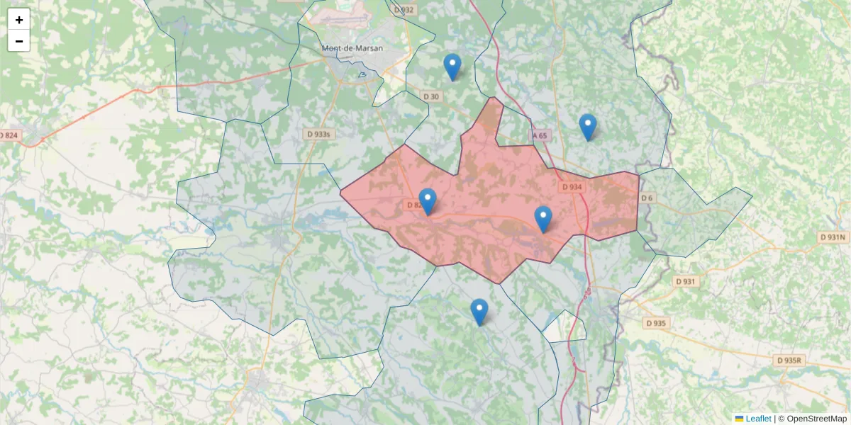 Carte de la zone du code postal  et des codes postaux voisins en France