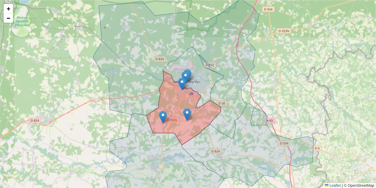 Carte de la zone du code postal  et des codes postaux voisins en France