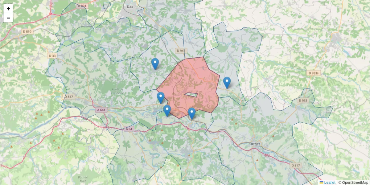 Carte de la zone du code postal  et des codes postaux voisins en France