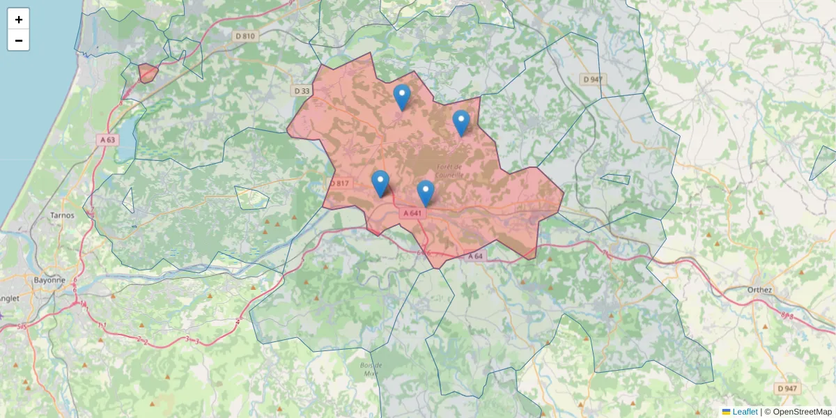 Carte de la zone du code postal  et des codes postaux voisins en France
