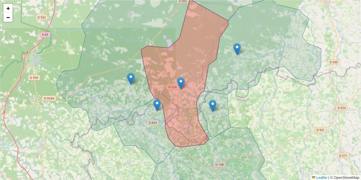 Carte de la zone du code postal  et des codes postaux voisins en France
