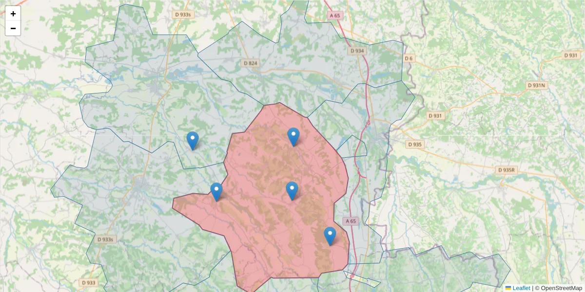 Carte de la zone du code postal  et des codes postaux voisins en France