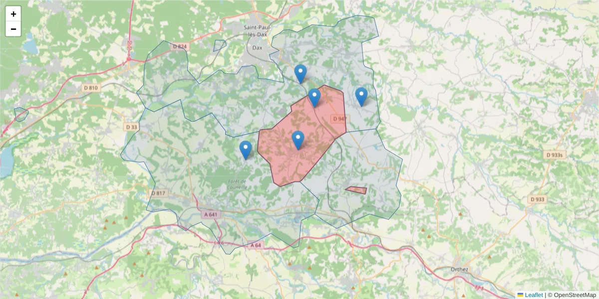 Carte de la zone du code postal  et des codes postaux voisins en France