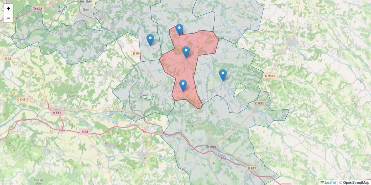 Carte de la zone du code postal  et des codes postaux voisins en France