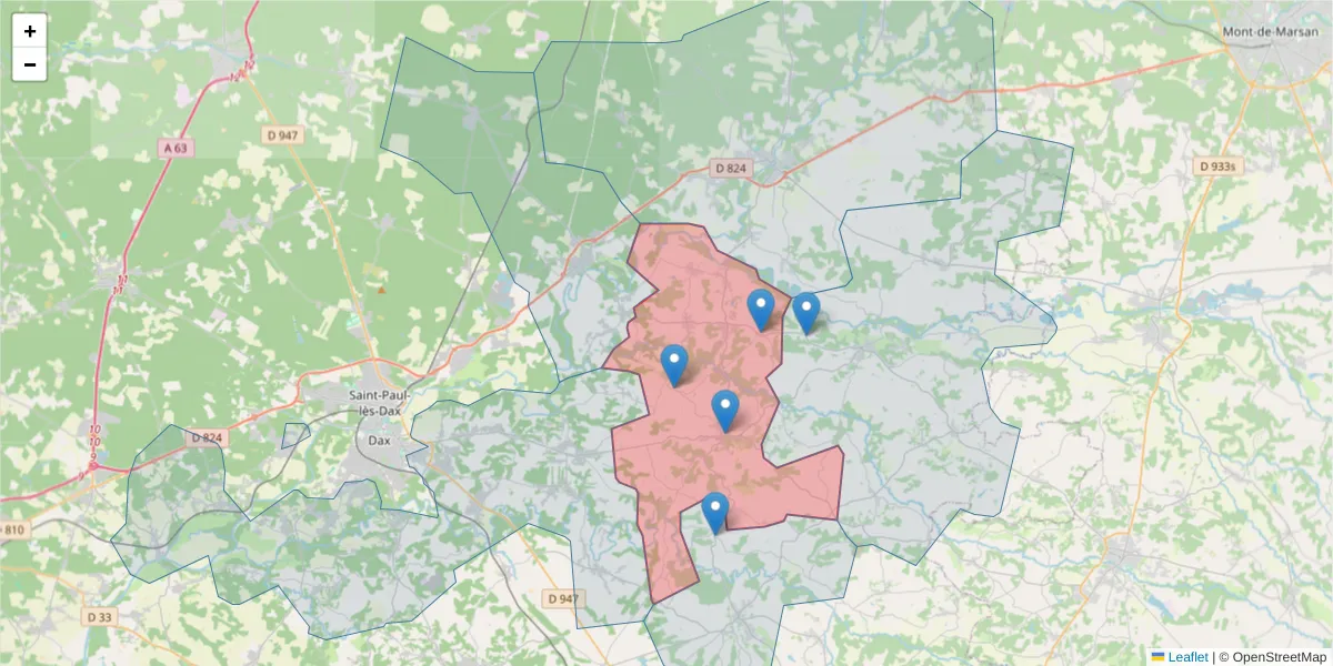 Carte de la zone du code postal  et des codes postaux voisins en France