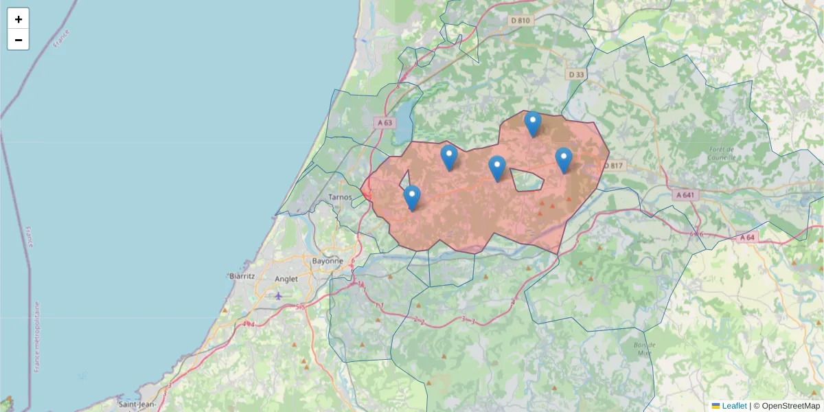 Carte de la zone du code postal  et des codes postaux voisins en France