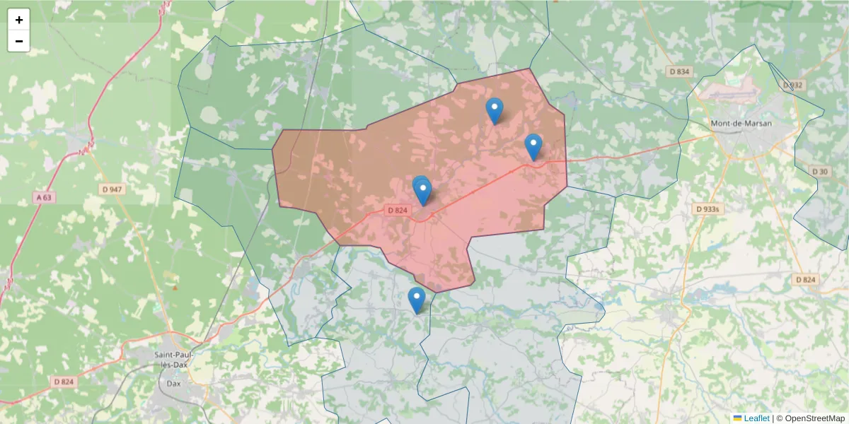 Carte de la zone du code postal  et des codes postaux voisins en France