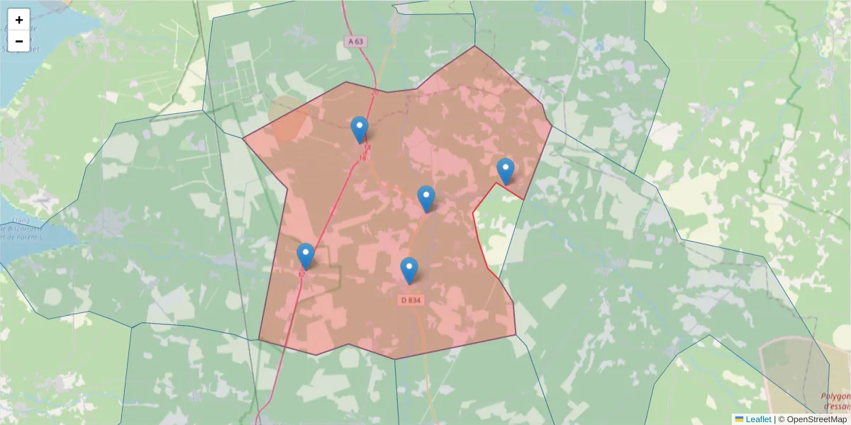 Carte de la zone du code postal  et des codes postaux voisins en France