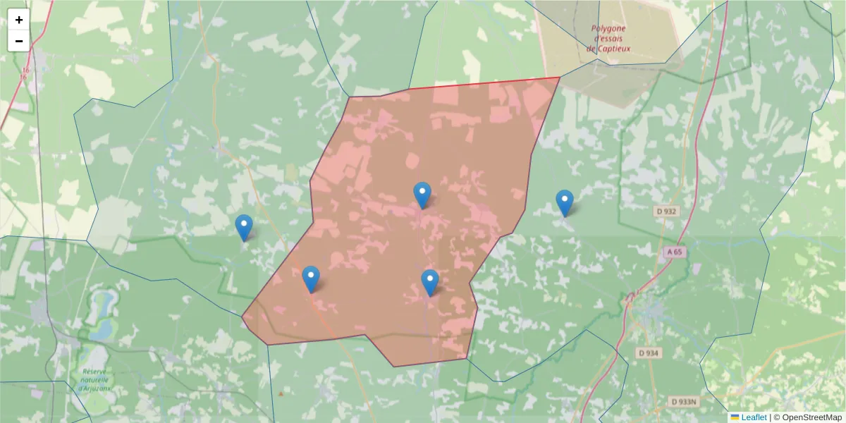 Carte de la zone du code postal  et des codes postaux voisins en France