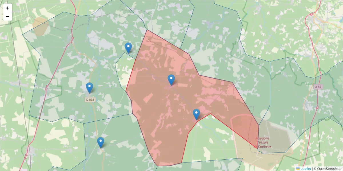 Carte de la zone du code postal  et des codes postaux voisins en France