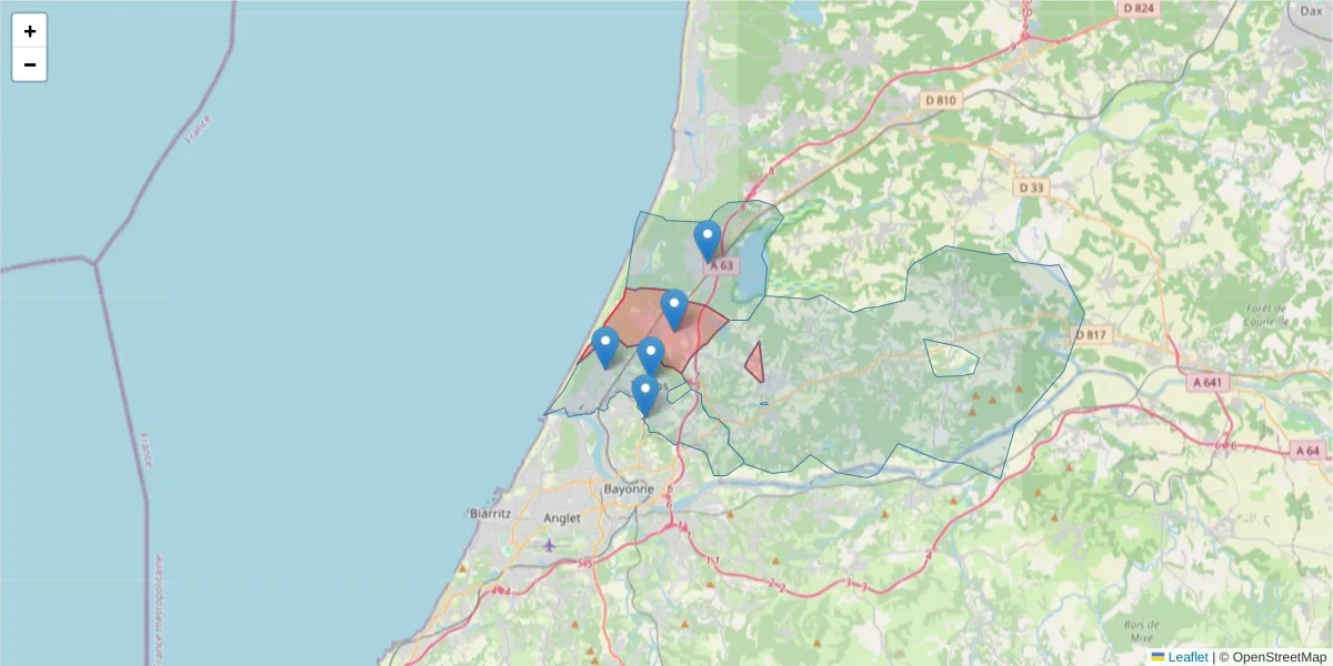 Carte de la zone du code postal  et des codes postaux voisins en France