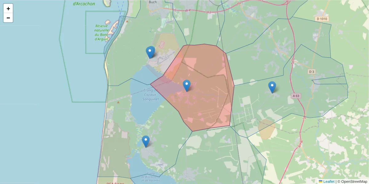 Carte de la zone du code postal  et des codes postaux voisins en France
