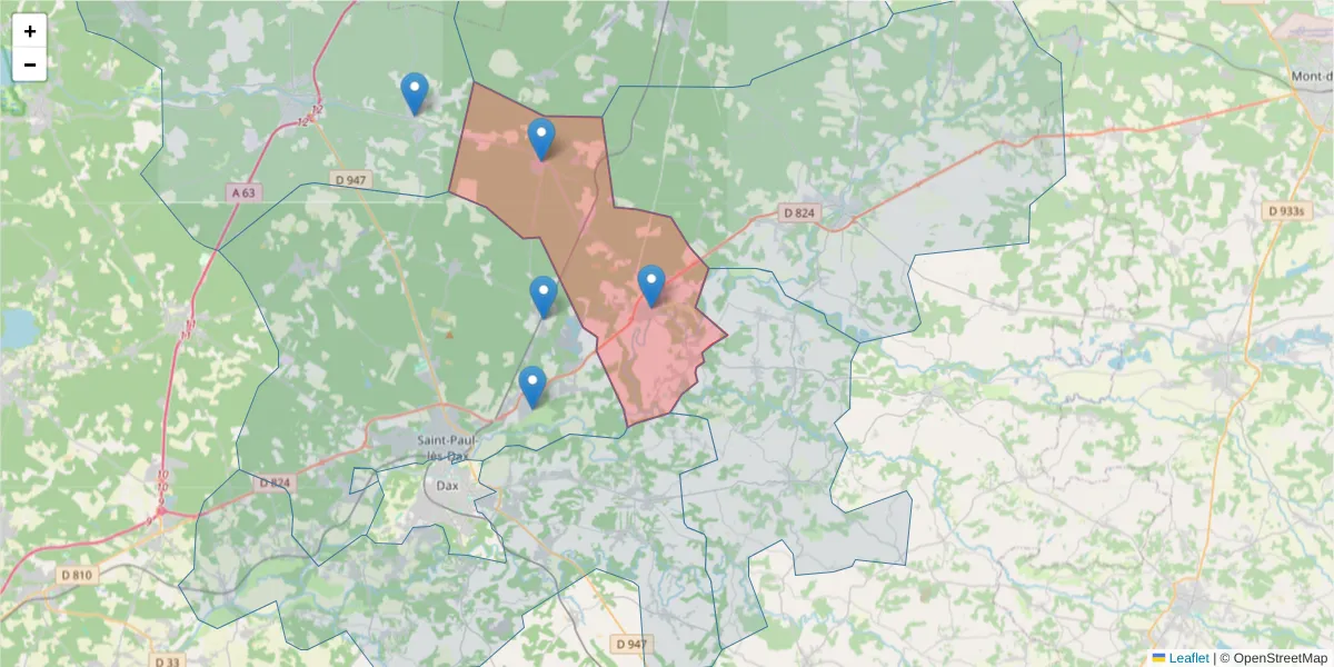 Carte de la zone du code postal  et des codes postaux voisins en France
