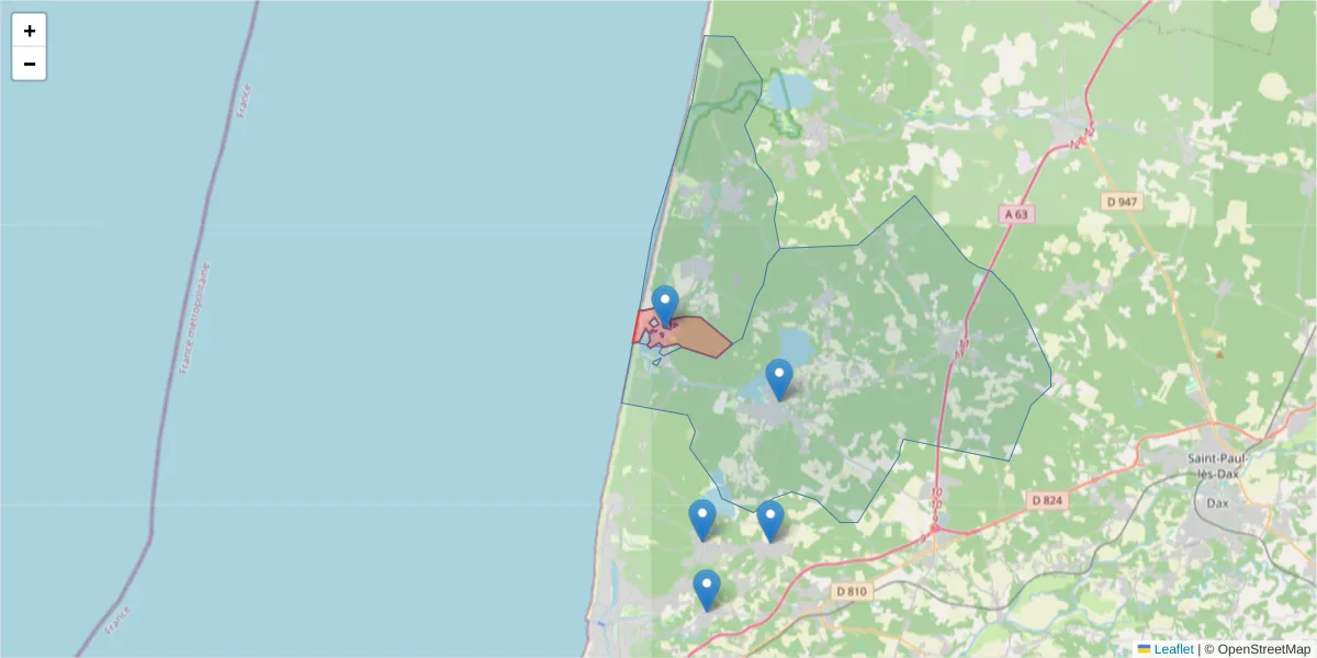 Carte de la zone du code postal  et des codes postaux voisins en France