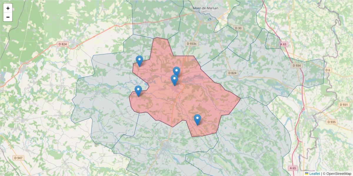 Carte de la zone du code postal  et des codes postaux voisins en France