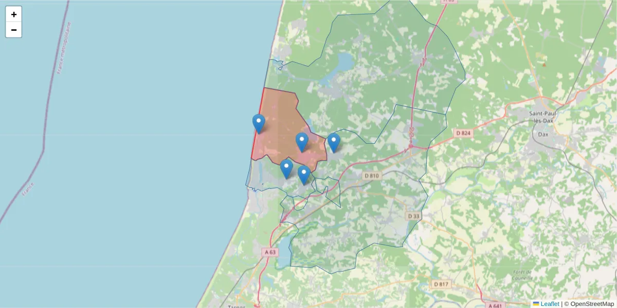 Carte de la zone du code postal  et des codes postaux voisins en France