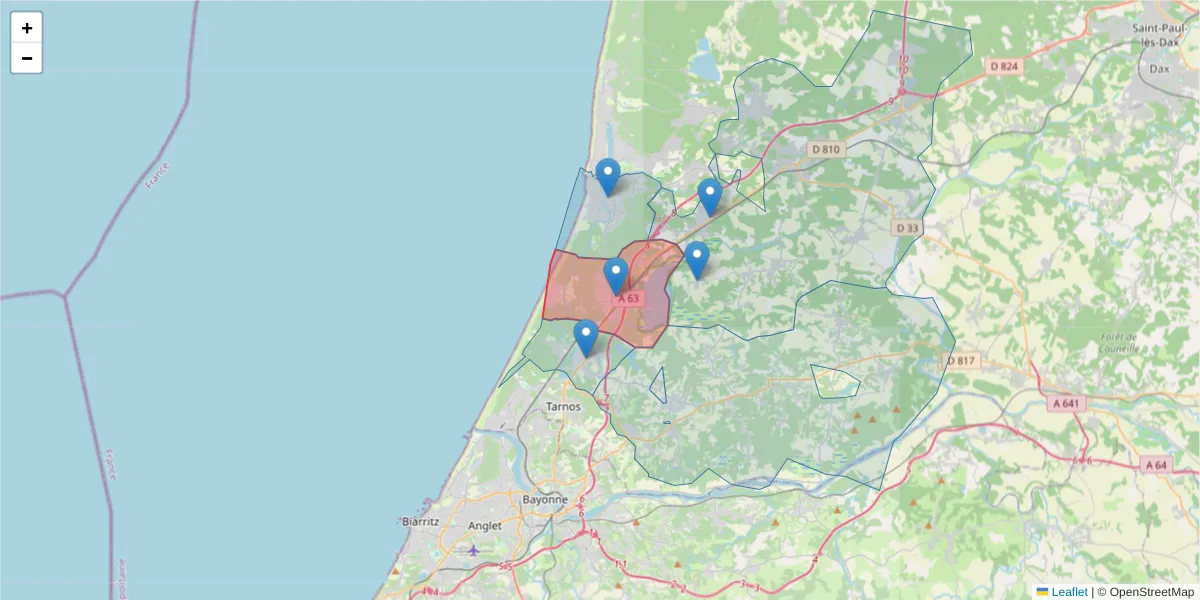 Carte de la zone du code postal  et des codes postaux voisins en France