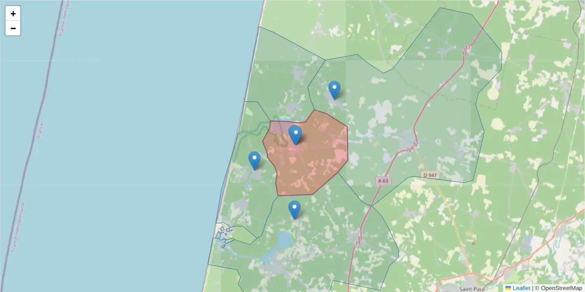 Carte de la zone du code postal  et des codes postaux voisins en France