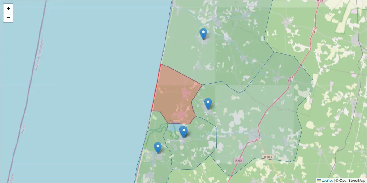 Carte de la zone du code postal  et des codes postaux voisins en France