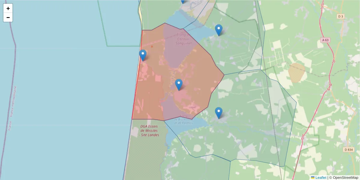 Carte de la zone du code postal  et des codes postaux voisins en France