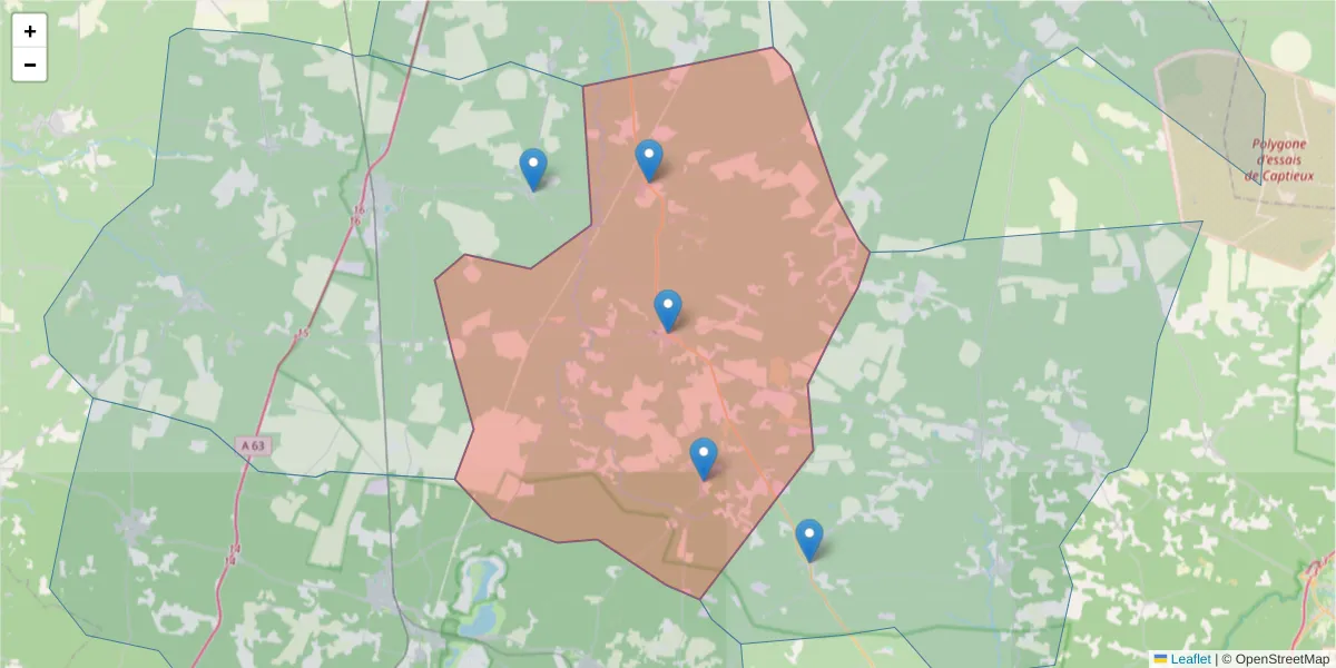 Carte de la zone du code postal  et des codes postaux voisins en France
