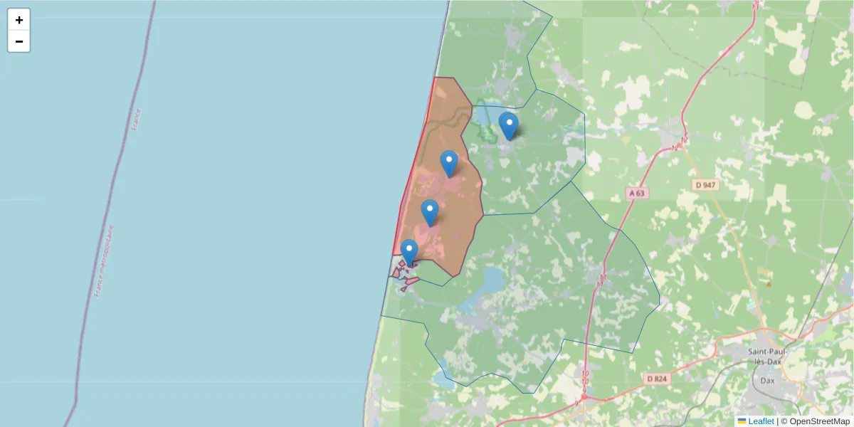 Carte de la zone du code postal  et des codes postaux voisins en France