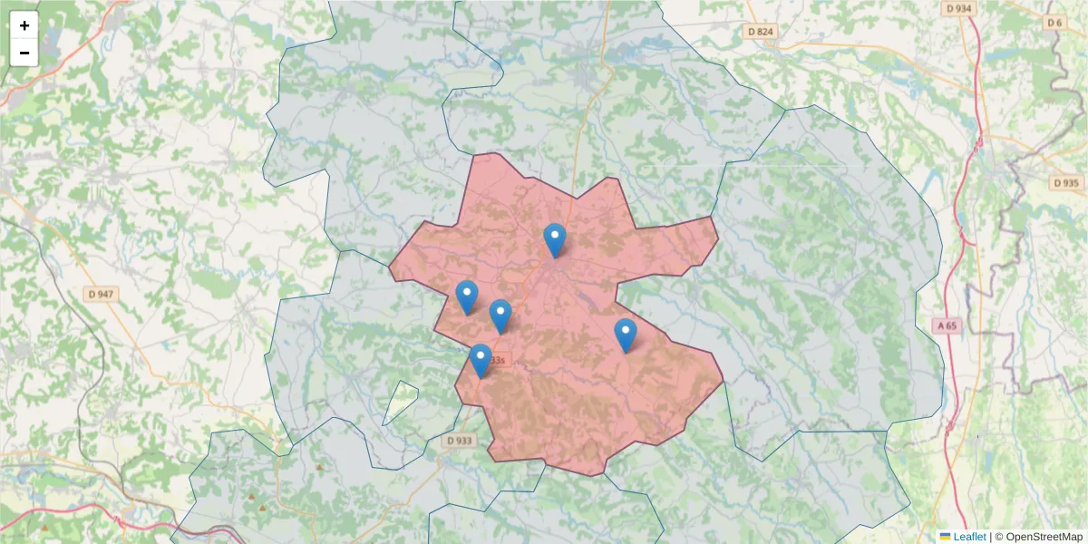 Carte de la zone du code postal  et des codes postaux voisins en France
