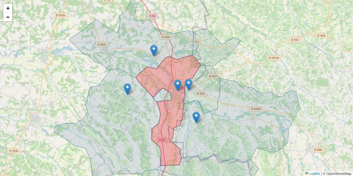 Carte de la zone du code postal  et des codes postaux voisins en France