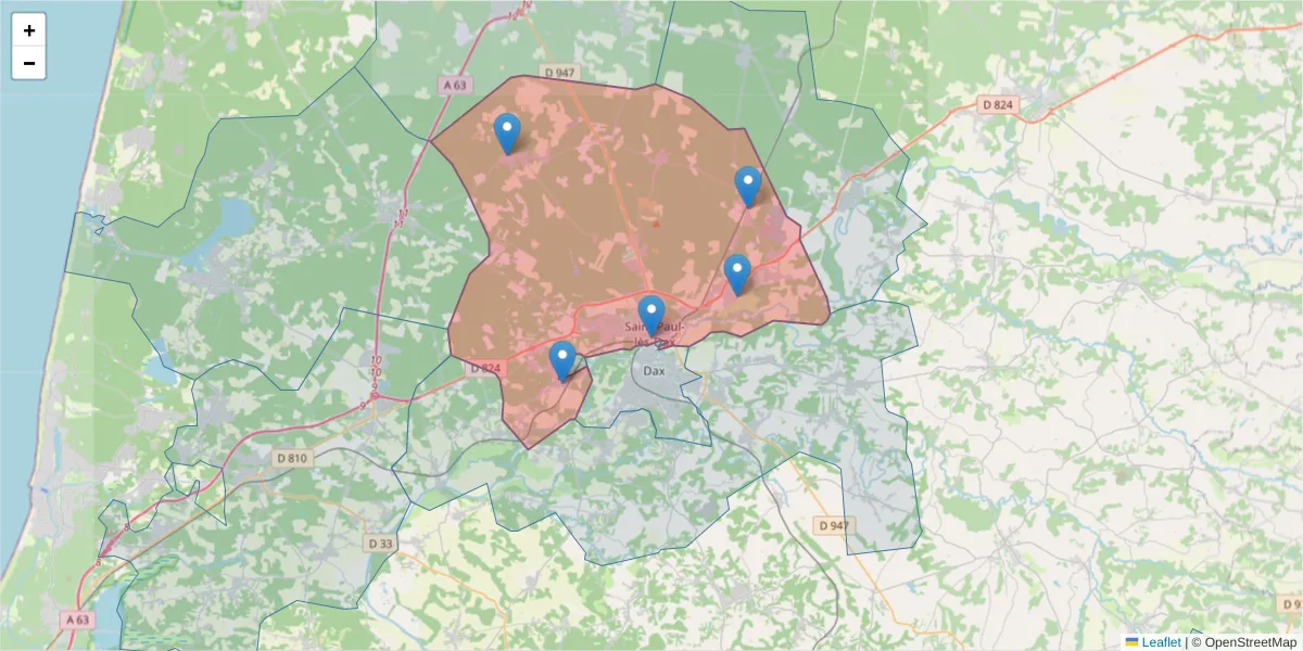 Carte de la zone du code postal  et des codes postaux voisins en France