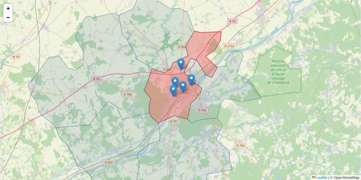Carte de la zone du code postal  et des codes postaux voisins en France