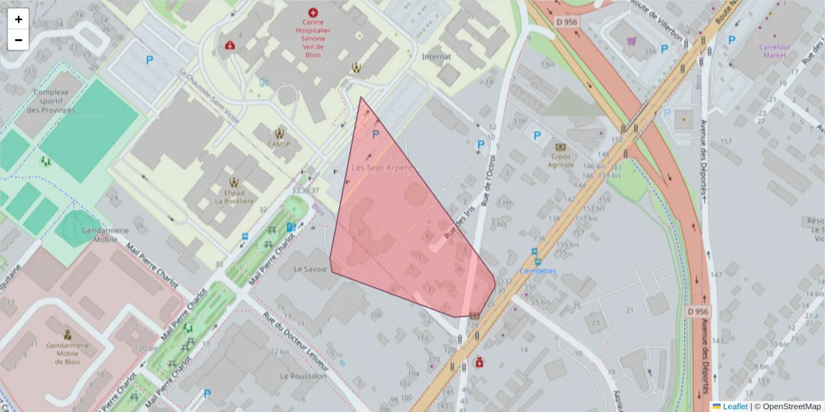 Carte de la zone du code postal  et des codes postaux voisins en France