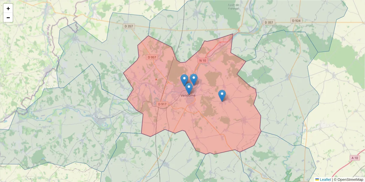 Carte de la zone du code postal  et des codes postaux voisins en France
