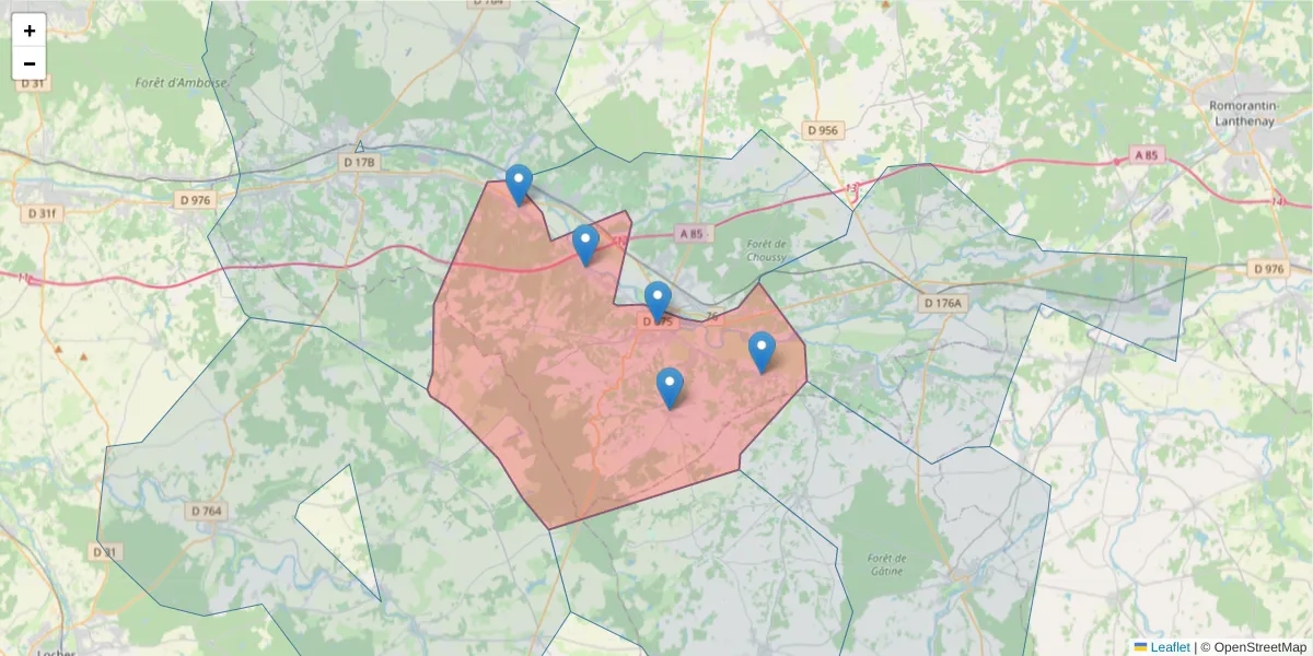 Carte de la zone du code postal  et des codes postaux voisins en France