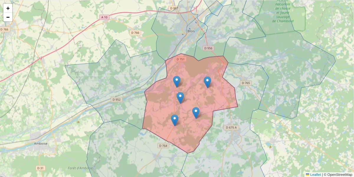 Carte de la zone du code postal  et des codes postaux voisins en France